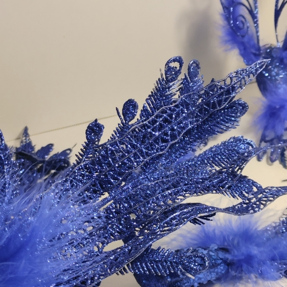 Deep Blue 4 Feather Peacocks Glitter and Feathers Long Tail 1 Humming Bird Clip - Picture 5 of 16